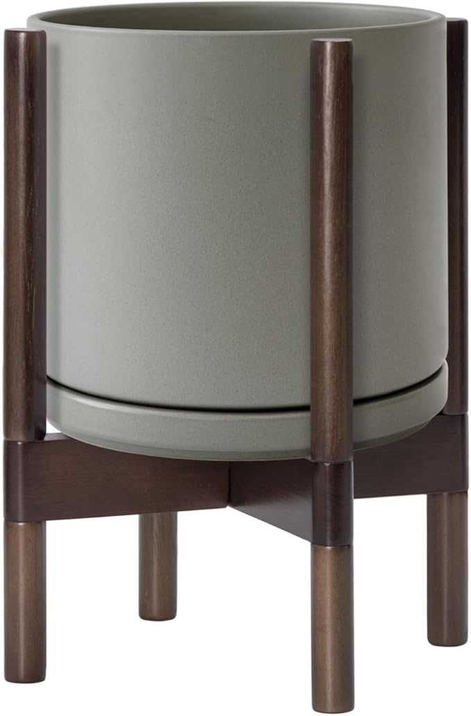 D'vine Dev Ceramic Planter with Walnut Color Stand - 10 Inch Modern Round Flower Pot with Wood Planter Holder, Grey, 55-B-X-3-Ruum Studio Home