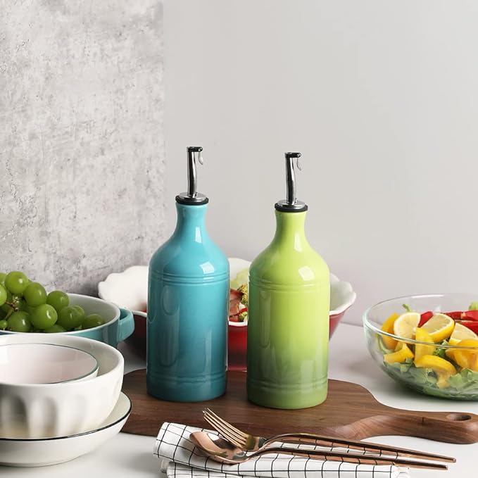 Sweejar Ceramic Olive Oil Dispenser Bottle, Opaque Oil Cruet Protects Oil to Reduce Oxidation, Suitable for Oil, Vinegar, Coffee Syrups & Other Liquids, Pack of 1, 15.5 Fl Oz (Gradient Green)-Ruum Studio Home