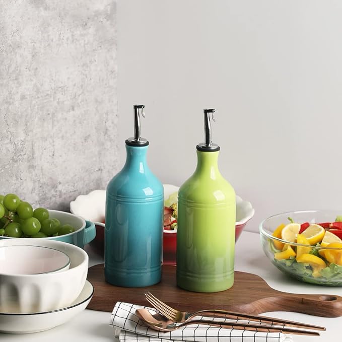 Sweejar Ceramic Olive Oil Dispenser Bottle, Opaque Oil Cruet Protects Oil to Reduce Oxidation, Suitable for Oil, Vinegar, Coffee Syrups & Other Liquids, Pack of 1, 15.5 Fl Oz (Gradient Blue)-Ruum Studio Home