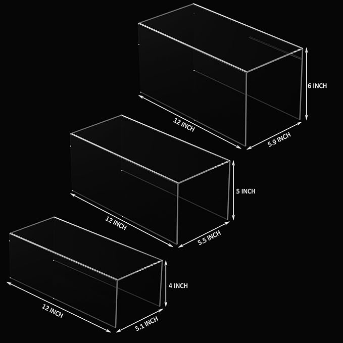 Clear Display Risers Shelf 3pcs, Countertop Rectangular Acrylic Display Storage Organizer, Acrylic Stands for Funko Pop Figure, Cosmetics, Bags, Shoes, Toys, Collectibles - 12- 4'', 5'', 6''-Ruum Studio Home