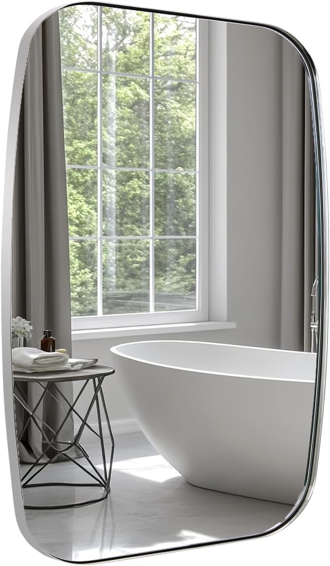 ANDY STAR Chrome Oblong Mirror, 32x40 Inch Polished Chrome Oval Mirror for Bathroom with Stainless Steel Metal Frame, Wall Mouned for Bathroom, Living Room, Entryway-Ruum Studio Home