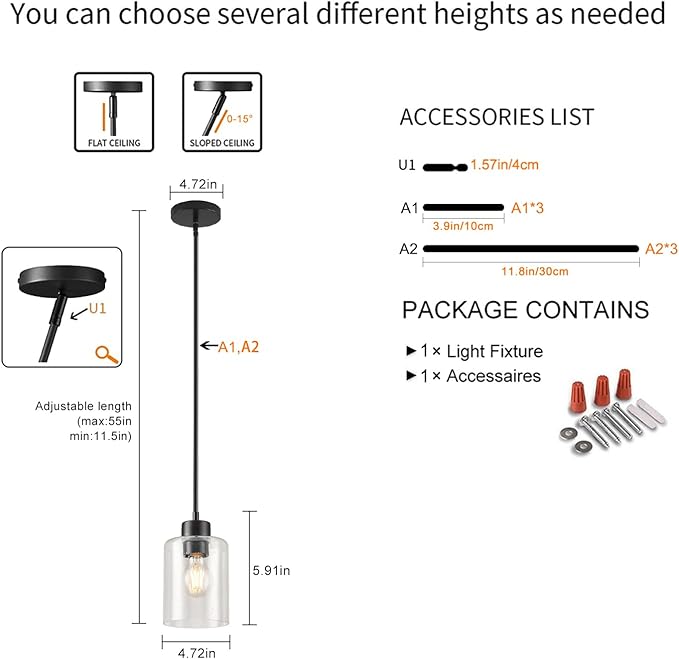 Black Pendant Lights Kitchen Island - Seeded Glass Pendant Light Fixture Multiple Stems Rods 3 Units 12 Inch 3 Units 4 Inch (1 Pack Black Seeded Downrod)-Ruum Studio Home