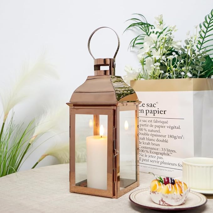 JHY DESIGN Decorative Candle Lanterns 15" High Stainless Steel Candle Lanterns with Tempered Glass for Indoor Outdoor Events Parities and Weddings Vintage Style Hanging Lamps(Rose Gold)-Ruum Studio Home