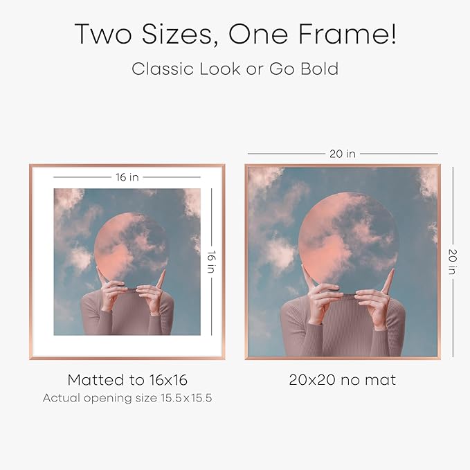 Homeforia 20x20 Picture Frame Rose Gold, High End Metal 20 x 20 Square Poster Frame with Mat 16 x 16 Photo, 20x20 Frame Matted to 16x16 Print, 20by20 Hanging Frames, Tempered Glass, Wall Kit, Set of 1-Ruum Studio Home