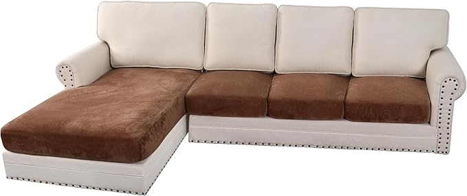 H.VERSAILTEX Velvet Stretch Sectional Couch Covers 4 Pieces Sofa Seat Cushion Covers L Shape Separate Cushion Couch Chaise Cover for Both Left/Right Couch (Large Sofa 3 Seater + 1 Chaise, Caramel)-Ruum Studio Home