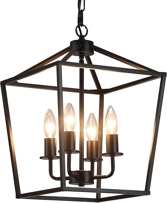 AMZASA UL Listed Black Industrial 4 Light Lantern Chandelier Ceiling Light Fixtures Farmhouse Metal Cage Rustic Geometric Pendant Light for Kitchen Island Entryway Dining Room Stairs and Hallway-Ruum Studio Home