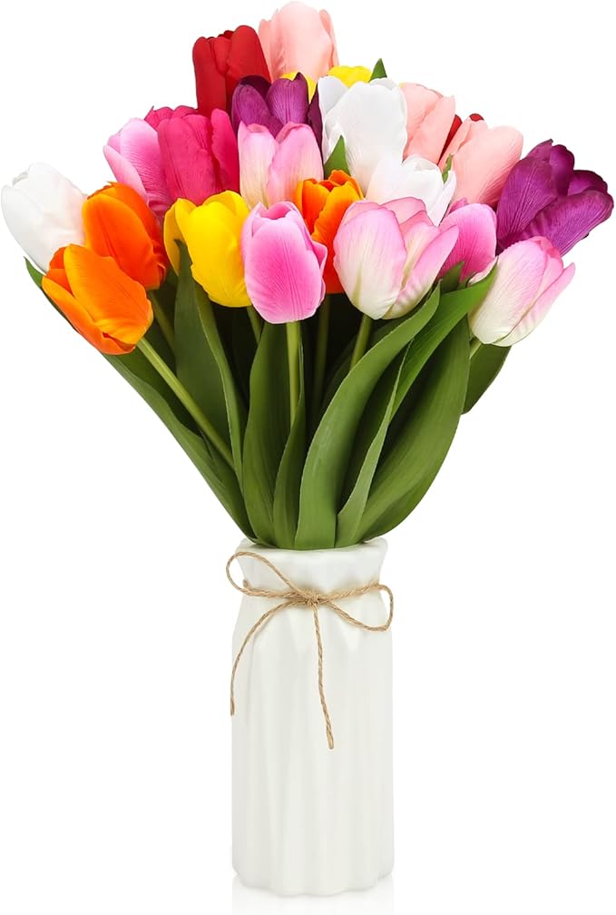 27pcs Colorful Artificial Flowers Tulips, Tulips with 1pc Plastic Vase, Fake Flowers Real Touch Flower 13.9", Christmas, Mother's Day, Easter, Valentine's Day, Family Kitchen, Wedding Decorations-Ruum Studio Home