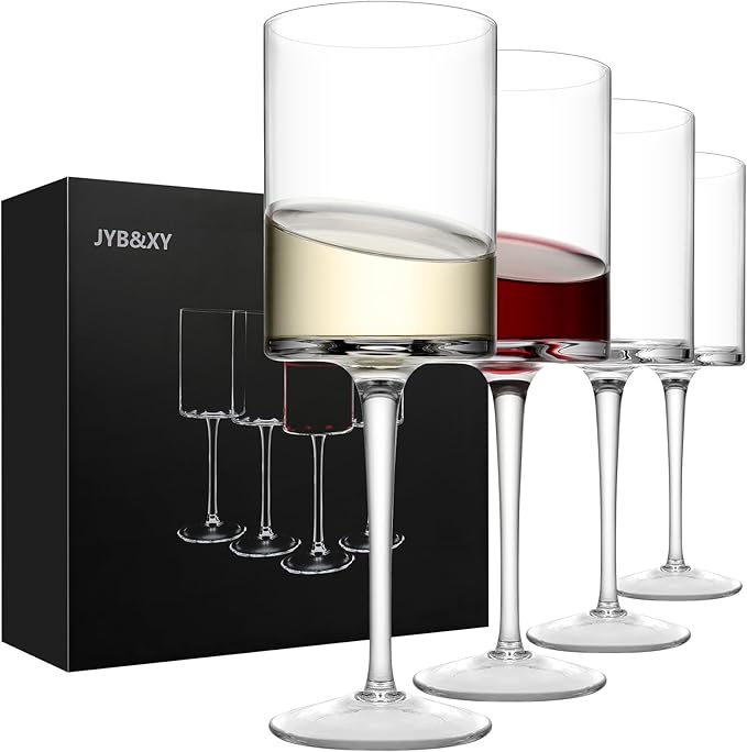 Premium Crystal Wine Glasses - Hand Blown, Thin Rim, Long Stem, Square Unique Design - Set of 4, 15oz - Perfect for Men or Women, Wedding, Anniversary, Christmas, Birthday Gift-Ruum Studio Home