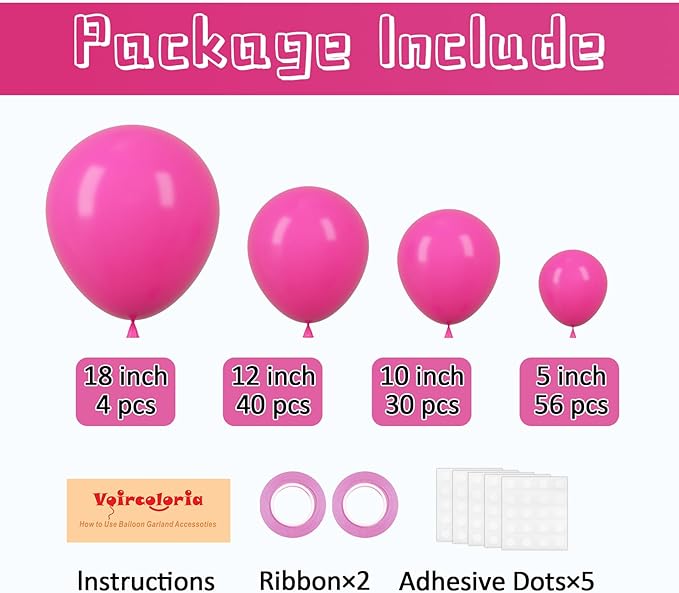 130pcs Hot Pink Balloons Different Sizes 18" 12" 10" 5" Dark Pink Balloons for Birthday Graduation Baby Shower Wedding Anniversary Princess Theme Party Valentine's Day Decorations-Ruum Studio Home