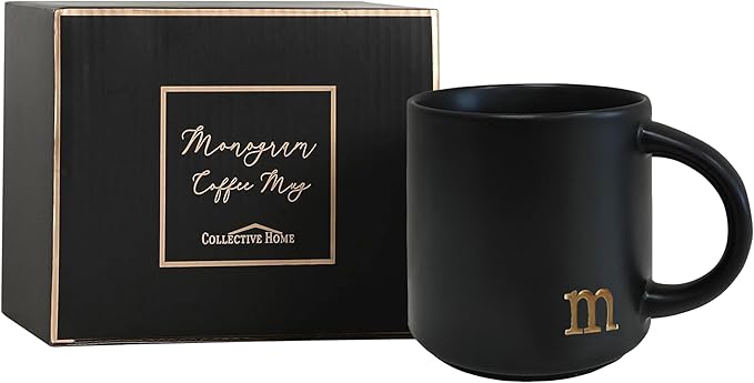 COLLECTIVE HOME - Black Monogram Ceramic Mugs, 15 oz Golden Initial Coffee Cups, Elegant Alphabet Tea Mugs, Personalized Halloween Mug with Gift Box, Perfect for Office and Home Décor (m)-Ruum Studio Home
