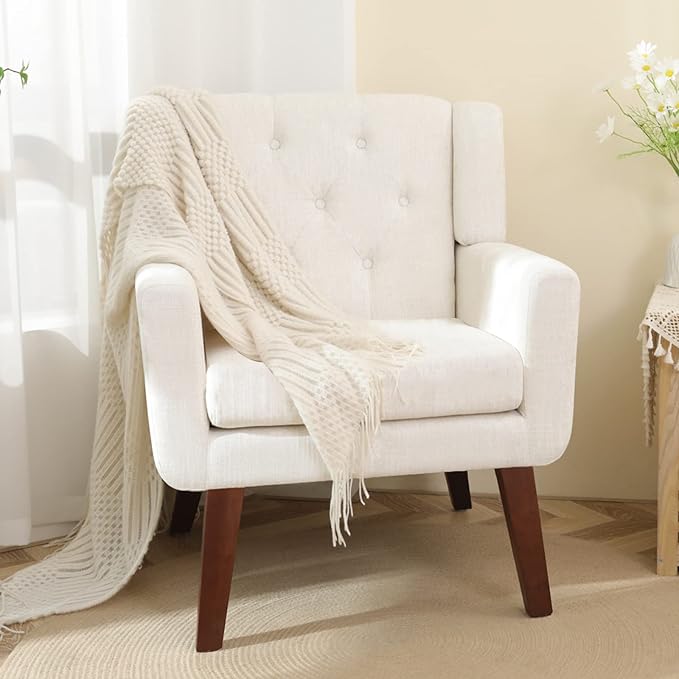 Living&Giving Accent Chair Button-Tufted Upholstered Living Room Chairs Comfy Reading Mid Century Modern with Linen Fabric Lounge Arm for Bedroom (Beige) 29.33D x 28.94W x 34.65H Inch-Ruum Studio Home