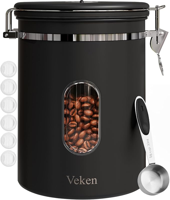Coffee Canister Set 16 + 22 + 38 oz with Window, Airtight Stainless Steel Kitchen Food Storage Container with Date Tracker and Scoop for Grounds Coffee, Beans, Tea, Flour, Cereal, Sugar, Black-Ruum Studio Home