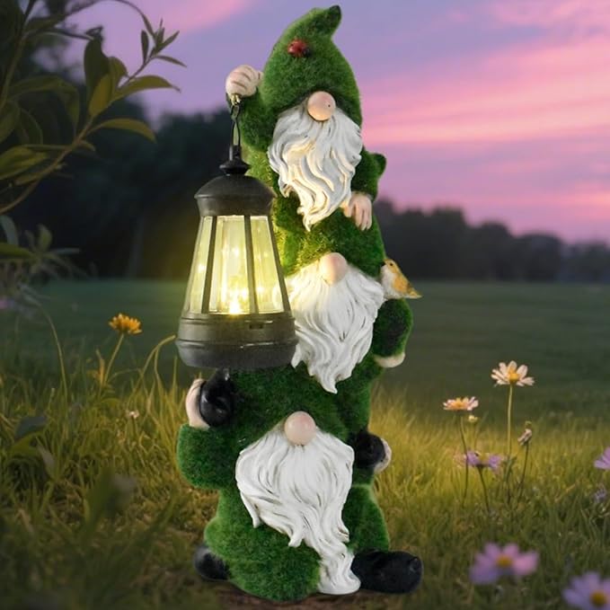 Solar Garden Three Gnome Statue Stacked Flocked with LED Light, Outdoor Waterproof Lawn Ornament Decor for Patio Lawn Yard Pathway Gift Idea for Women Mom Mothers Day-Ruum Studio Home