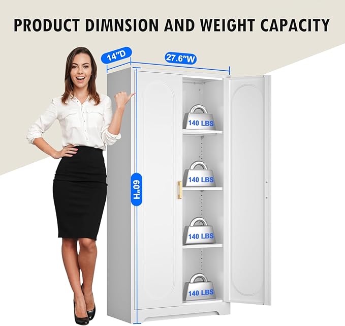 60" Tall Kitchen Pantry Cabinet, Metal Pantry Cabinet with Doors and Adjustable Shelves, White Utility Storage Cabinet with Handles for Dining Room, Bathroom, Laundry Room - Assemble Required-Ruum Studio Home