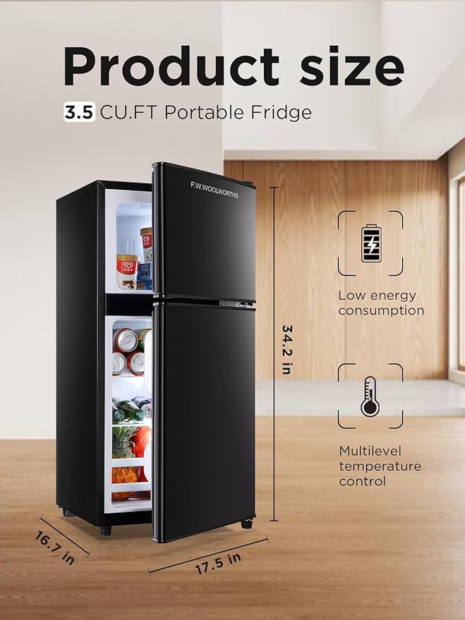 3.5 Cu.Ft Compact Refrigerator with Freezer, Mini Fridge with 2 Doors for Office, Kitchen, Dorm and Bedroom, Small Fridge with 7 Level Temp Adjustable Thermostat, Black-Ruum Studio Home