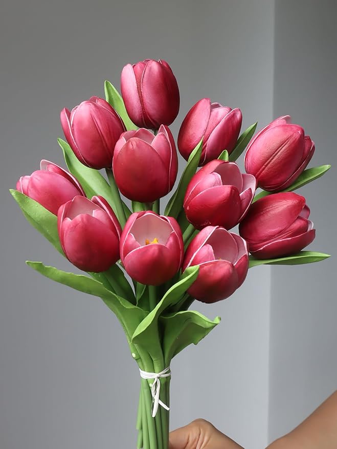 Buart Wine red Tulip Flowers Artificial Luxury Big Tulip Valentine's Day Mother's Day Easter Home Kitchen Wedding Decorations(11pcs)-Ruum Studio Home