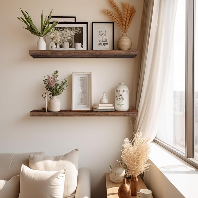 LaVie Home Floating Shelves, 24 Inch Wall Shelf Set of 2, Hanging Shelf with Invisible Brackets, Wall Decor for Bathroom, Bedroom, Living Room, Kitchen Storage, Rustic Brown-Ruum Studio Home