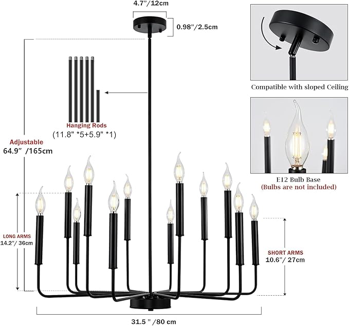 Modern Black Farmhouse Chandeliers, 12-Light Industrial Metal Chandelier Lighting, Classic Candle Hanging Pendant Light Fixtures for Living Room, Dining Room, Kitchen, Bedroom, Entryway-Ruum Studio Home