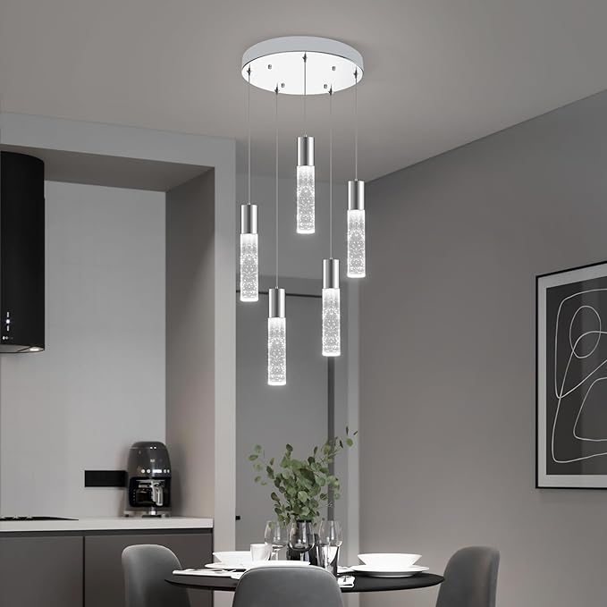 OKELI 5-Light Pendants Light for Kitchen Island Dining Room, 6000K Bubble Crystal Modern LED Kitchen Hanging Lights, 30W Chrome Pendant Lighting Fixture, Round-Ruum Studio Home