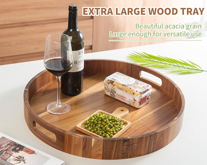 Extra Large Round Ottoman Coffee Table Tray, 22" Big Kitchen Serving Trays for Huge Ottoman Counter Giant Decorative Organizer, Huge Wood Serveware Tray with Built-in Handle for Big Job-Ruum Studio Home