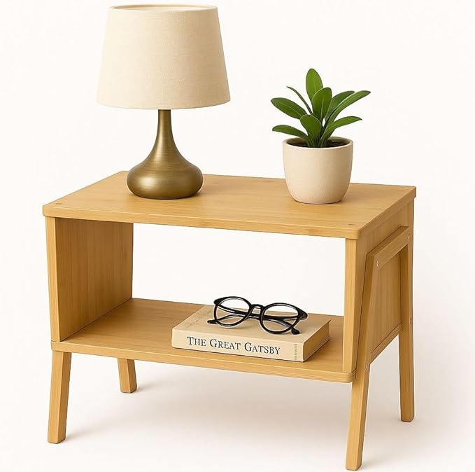 Bamboo End Table for Living Room – Low Side Table with Storage Shelf, Minimalist Accent Table with Natural Wood Finish, Small Modern Nightstand for Sofa or Couch Side-Ruum Studio Home