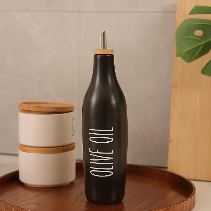 HOMCDALY Ceramic Olive Oil Dispenser for Kitchen, Stoneware 16oz Oil Cruet and Vinegar Bottles Dispenser, Kitchen Dispenser Bottle for EVOO Vinegar Syrups, Modern Farmhouse Design(B-O)-Ruum Studio Home