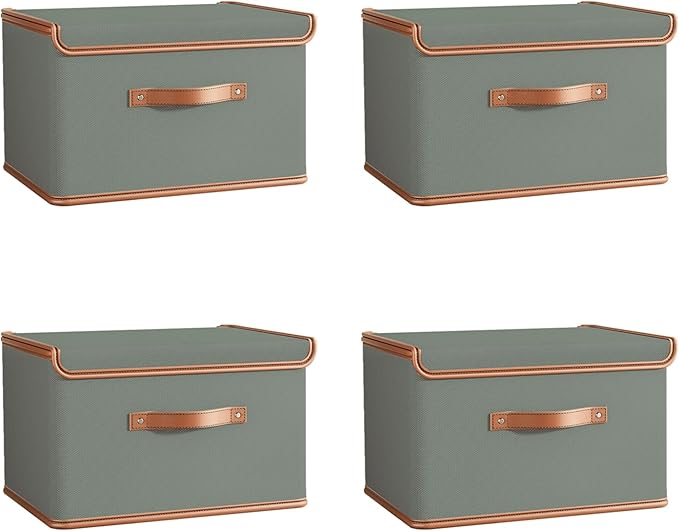 Tuza 4 Pack Storage Bins with Lids, Collapsible Closet Organizer Container, Fabric Organizer Box with Handles, Decorative Storage Boxes with Lids for Organizing Clothes, Blanket, Grey, Medium-Ruum Studio Home