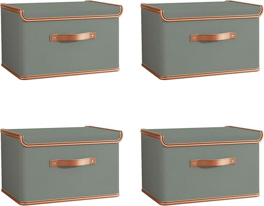 Tuza 4 Pack Storage Bins with Lids, Collapsible Closet Organizer Container, Fabric Organizer Box with Handles, Decorative Storage Boxes with Lids for Organizing Clothes, Blanket, Grey, Large-Ruum Studio Home