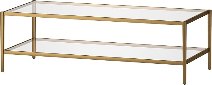 Henn&Hart 54" Wide Rectangular Coffee Table with Glass Shelf in Antique Brass, Modern coffee tables for living room, studio apartment essentials-Ruum Studio Home