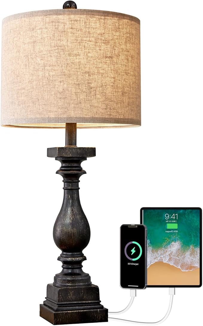 BOBOMOMO Retro 27" USB Charging Ports A/C Farmhouse Single Lamps for Bedrooms Retro Side Table Lamps Bedside Lamp for Side Nightstand Living Room 1 Pack-Ruum Studio Home
