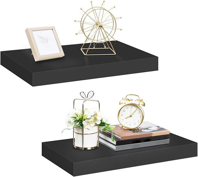 HOOBRO Floating Shelves for Wall, Wall Mounted Shelf Set of 2, 15.7" Hanging Shelf with Invisible Brackets, for Wall in Bathroom, Bedroom, Toilet, Kitchen, Living Room, Office, Black BK40BJ01-Ruum Studio Home