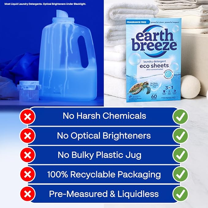 Earth Breeze Laundry Detergent Sheets Fragrance-Free - 60 Loads Eco Liquidless Soap - Travel-Friendly for Hot & Cold Cycles, Tackles Tough Stains & Odors - Gentle on Sensitive Skin, 30 Ct-Ruum Studio Home