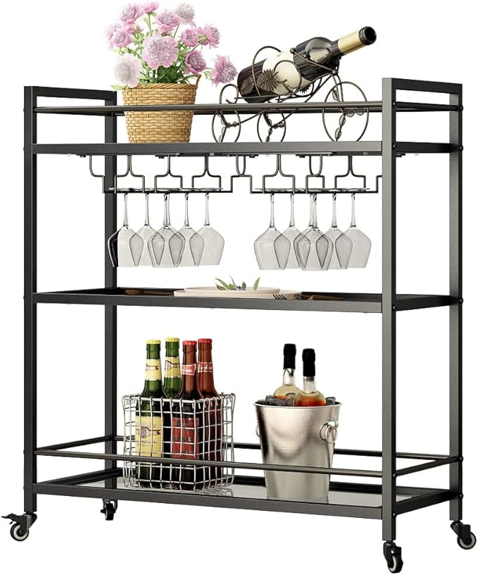Glass Black Bar Carts for Home with Hanging Wine Rack - Home Bar Serving Cart with 3 Mirrored Shelves, Kitchen Bar Carts, Wine Cart for Entertaining, Club Party.-Ruum Studio Home