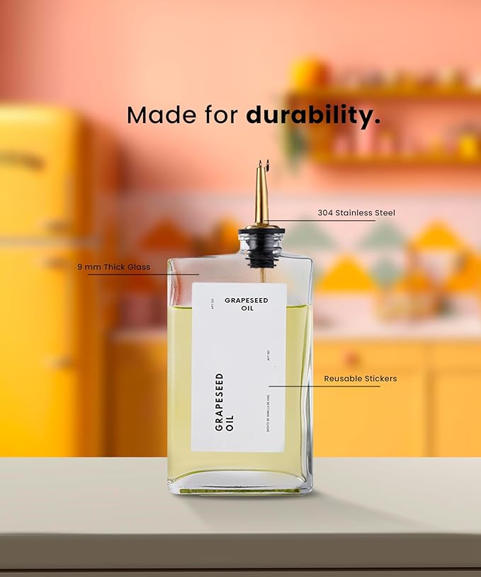Olive Oil Dispenser for Kitchen, Cooking Oil and Vinegar Dispenser Set, Olive Oil Bottle, Soy sauce dispenser, coffee syrup bottles with stainless steel pourers - 4 pcs, Gold-Ruum Studio Home