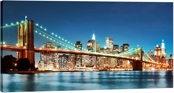 Pyradecor Large Modern New York Cityscape Canvas Wall Art Brooklyn Bridge Night View Canvas Prints Stretched Landscape Pictures Paintings Artwork for Living Room Home Decorations L-Ruum Studio Home