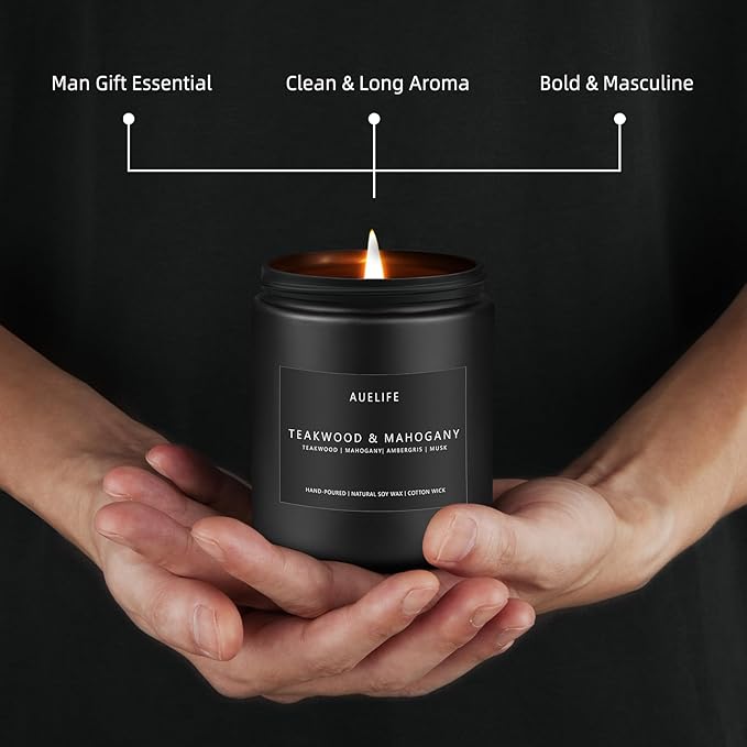 2 Pack Teakwood & Mahogany Candle | Scented Candles for Men, Man Gifts for Men - Masculine Candles - Soy Candle for Home Scented - 7oz Black Jar, Long Lasting-Ruum Studio Home