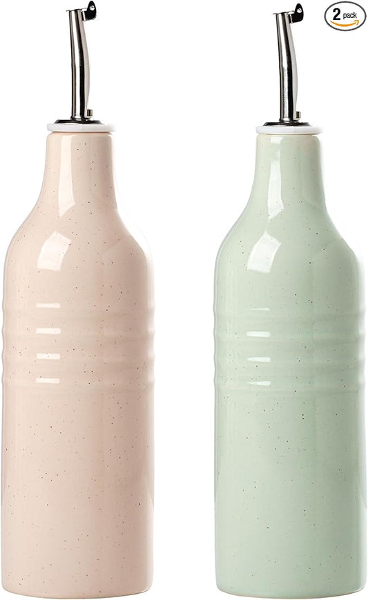 famiware Jupiter 16oz Ceramic Olive Oil Dispenser Bottle, Olive Oil and Vinegar Dispenser Bottle Set of 2 with Stainless Steel Pourers, Suitable for Storage Vinegar, Liquids, Light Pink & Light Green-Ruum Studio Home