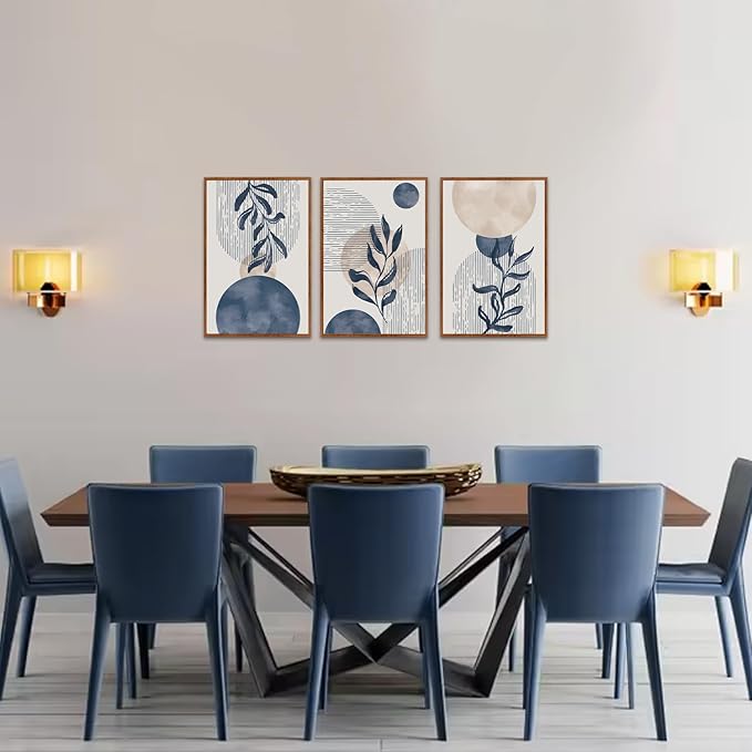 KAIRNE Boho Plant Wall Art Set of 3,Blue Bohemain Framed Canvas,Abstract Geometric Line Wall Painting,Modern Nature Prints,Botanical and Moon Wall Art for Living Room Bedroom Office - 3Pieces,16”X24”-Ruum Studio Home