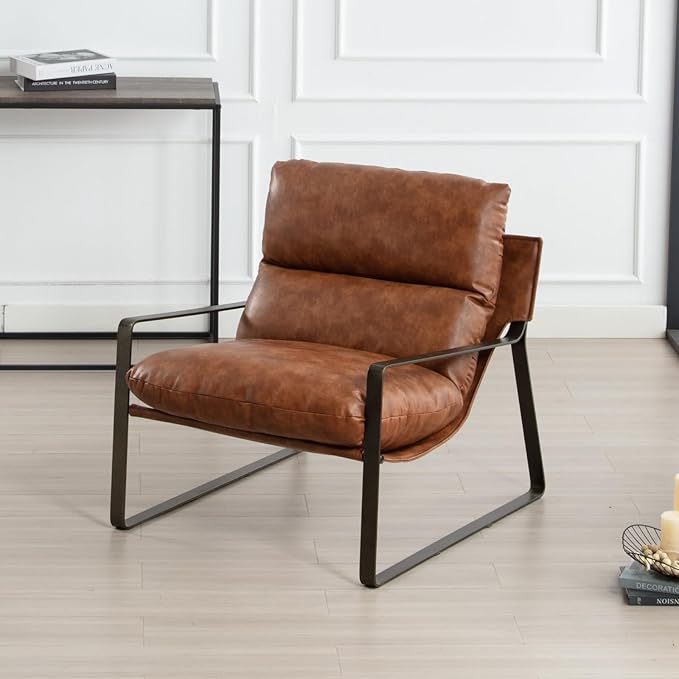 DUOMAY Mid-Century Accent Chair Armchair, Comfy PU Leather Leisure Chair Lazy Chair with Brozen Metal Leg for Living Room Bedroom Office Apartment, Brown-Ruum Studio Home