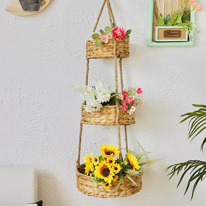 KINGWILLOW 3 Tier Hanging Fruit Basket, Handmade Natural Water Hyacinth Wall Vegetable Storage Baskets, Space Saver for Kitchen Organizing Plant Holder-Ruum Studio Home