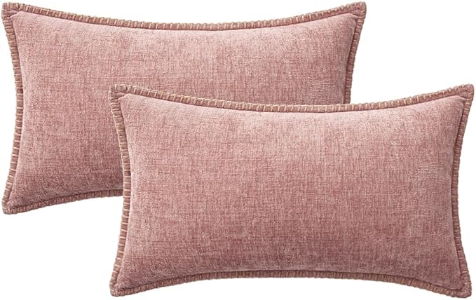 MIULEE Pack of 2 Couch Throw Pillow Covers 12x20 Inch Blush Pink Farmhouse Decorative Pillow Covers with Stitched Edge Soft Chenille Solid Dyed Spring Pillow Covers for Sofa Bed Living Room-Ruum Studio Home