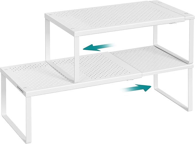 SONGMICS Spice Racks, Set of 2 Expandable Kitchen Countertop Shelves, Small Cupboard Organizers, Metal, Space-Saving Tabletop Shelves, Matte White UKCS402W01-Ruum Studio Home
