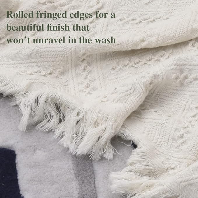 Simple&Opulence 100% Cotton Throw Blanket for Bed, Couch, Boho Luxury Geometric Knit Woven Blanket with Tassels Soft Lightweight Cozy Breathable, Vintage Farmhouse Decoration for All-Season(White)-Ruum Studio Home
