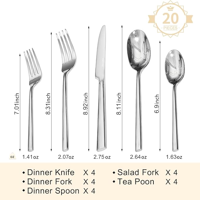 KINGSTONE Silverware Set, 20-Piece Forged Flatware Set Cutlery Set Premium Stainless Steel, Service for 4, for Kitchen, Home, Wedding, Party, Mirror Polished and Dishwasher Safe-Ruum Studio Home