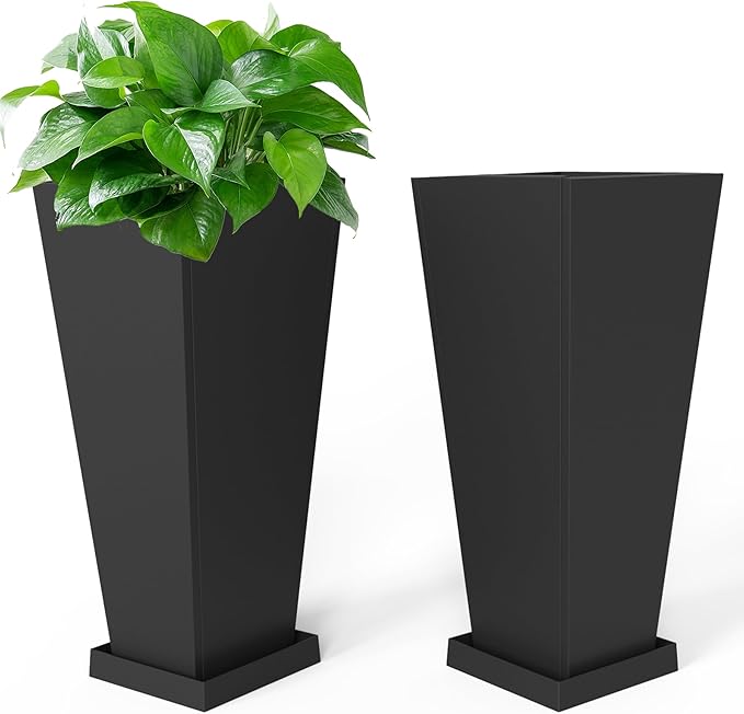 Tall Metal Planter 26" H - 2 Pack, Tall Planters with Removable Insert Shelve & Saucer Trays, Metal Outdoor Planters for Porch, Garden, Patio, Yard(Black)-Ruum Studio Home