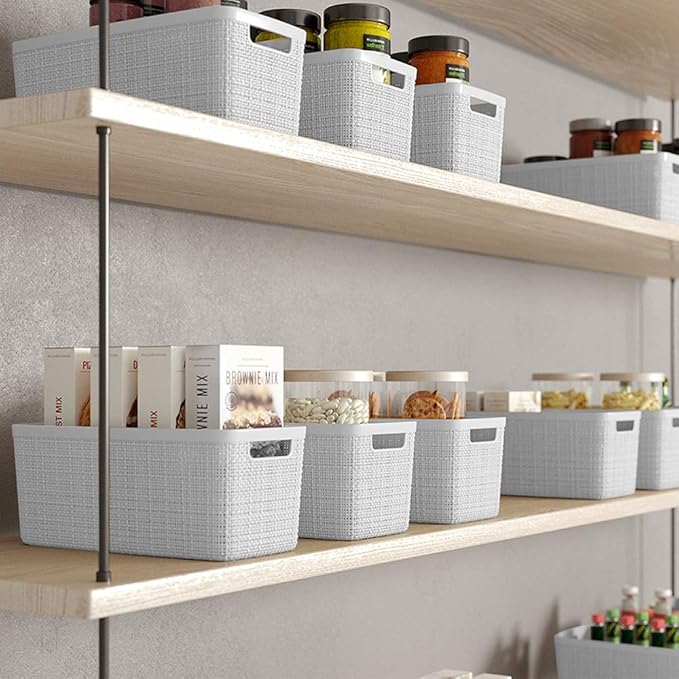 Curver Jute Decorative Plastic Organization and Storage Basket Perfect Bins for Home Office, Closet Shelves, Kitchen Pantry and All Bedroom Essentials, Slim, White, Set of 8-Ruum Studio Home