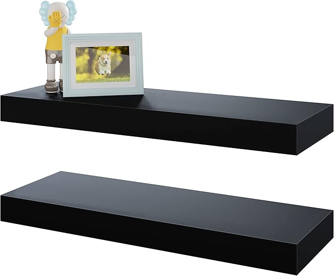 BAMEOS Floating Shelves, Black Wall Mounted Wooden Shelves with Invisible Brackets Set of 2, Hanging Wall Shelves Decoration for Bedroom, Bathroom, Living Room and Kitchen-Ruum Studio Home