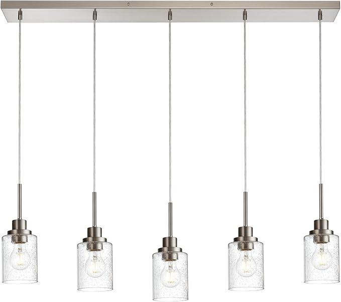 Lighting Contemporary Brushed Nickel Linear Chandelier Pendant Light 5 Lights Clear Seeded Glass Farmhouse Pendant Lighting Modern Dining Room Light Fixture for Living Room Kitchen Island-Ruum Studio Home