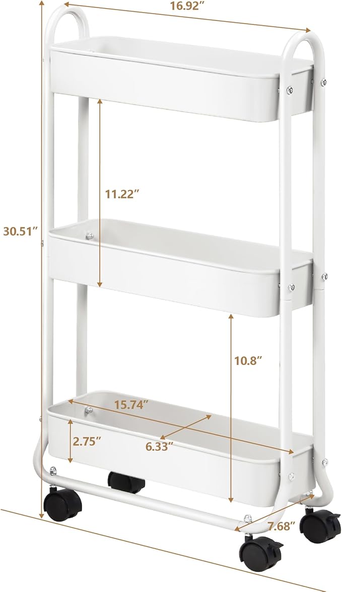 SunnyPoint Slim Rolling Storage Cart, 3 Tier Bathroom Storage Organizer Bathroom, Laundry Utility Cart (White)-Ruum Studio Home