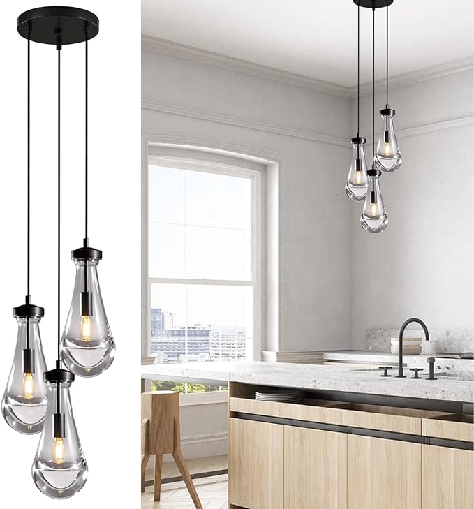 Bronze 3 Light Pendant Lighting, Raindrop Pendant Lights, Black Adjustable Hanging Rope Cluster Pendant Lighting Over Kitchen Island, Teardrop Glass Chandelier Dining Room Light Fixture-Ruum Studio Home